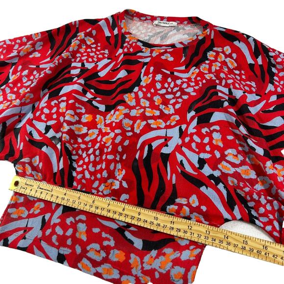 Zara Trafaluc Collection Red Flowy Crop Top Sz Small Red Blue Orange Tie Sleeve - Picture 7 of 11